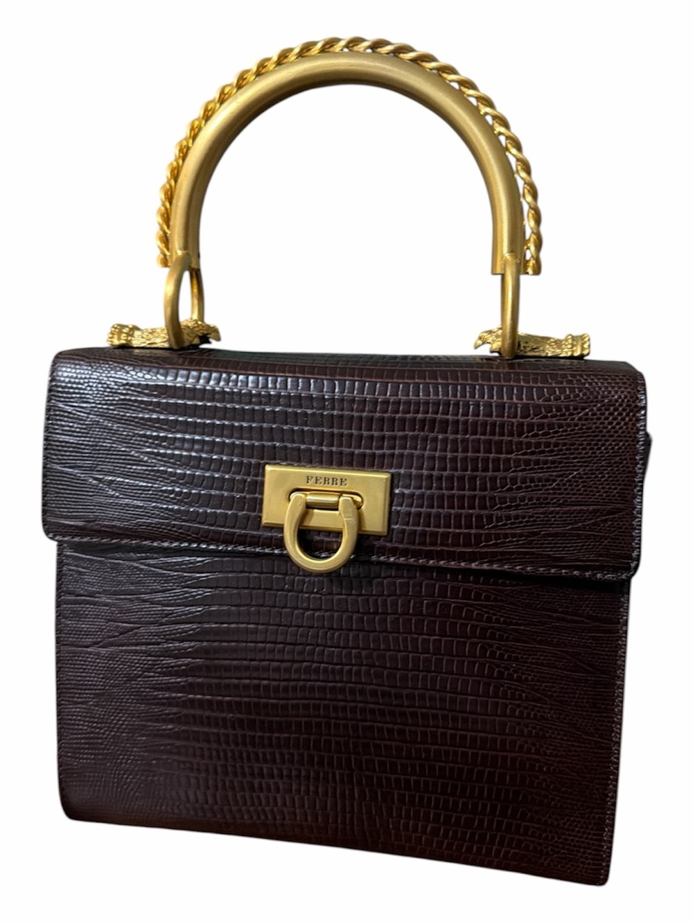 Gianfranco Ferre Dark Brown Croc-Embossed Top-Handle Satchel with Gold Hardware
